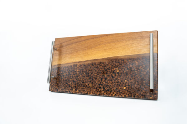 Resin coffee bean serving tray, charcuterie board, craft, cutting board, cheese board, chopping board, bread board, gift for him, gift for her, surfboard, food platter, gift, decoration, resin, resin art, epoxy resin, resin decor, coffe beans, coffee, coffe tray, resin tray, coffee lover, decorative tray, coffee maker, wood serving tray, walnut wood, walnut tray, live edge tray, kitchen tray, tray with handles, wooden board, tea tray, rustic serving tray, dinner tray, food serving tray