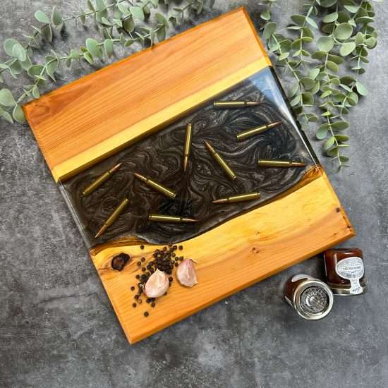black ammunition board, charcuterie board, craft, cutting board, cheese board, chopping board, bread board, gift for him, gift for her, oak wood, surfboard, food platter, gift, decoration, resin, resin art, epoxy resin, resin decor, freedom, freedom seeds, bullets