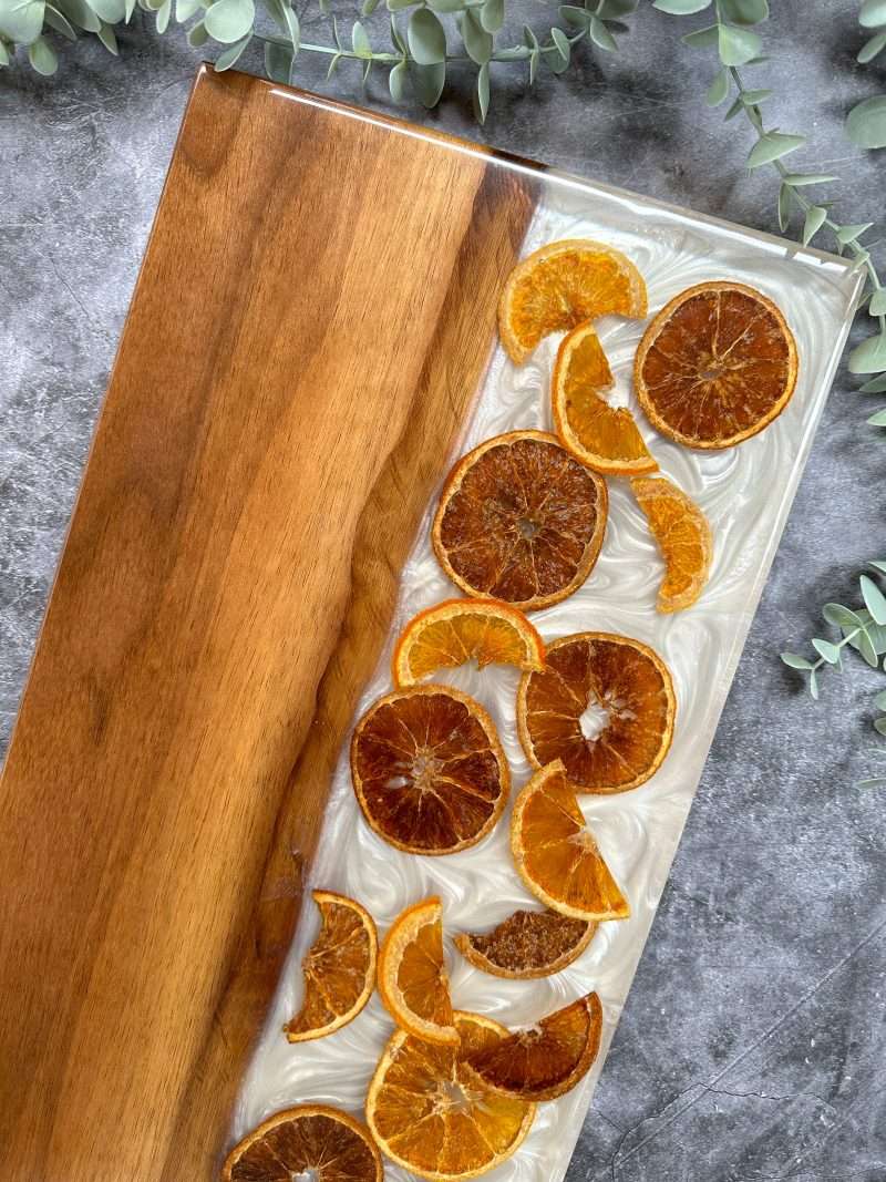 dried orange resin resin charcuterie board, wine serving tray, functional art, live edge fruits, dried fruits, gift for florist, charcuterie board, alcohol serving tray, resin wooden decor, walnut wood, kitchen, decoration, living room decor