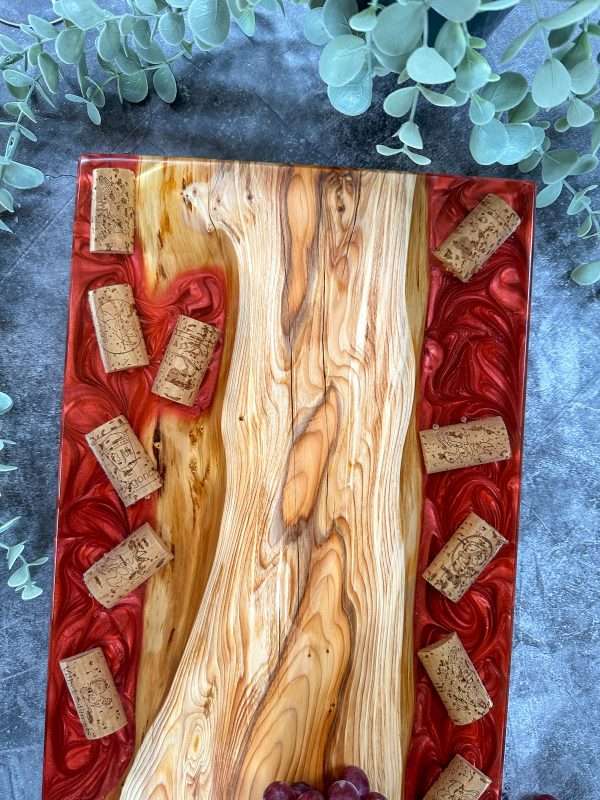 Wine Cork resin charcuterie board, wine serving tray, gift for drinkers, charcuterie board, alcohol serving tray, resin wooden decor, wine cork resin, yew wood epoxy, live edge river tray, gift for wine lovers, living room decor, kitchen decoration, functional art, wine cork art