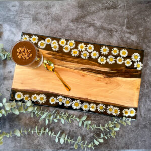 charcuterie board, coffee table tray, dried flowers, floral serving tray, flower cheese board, flower preservation, olive wood, pressed flower art, realtor gift, resin tray, wedding gift, wood serving tray, wooden board