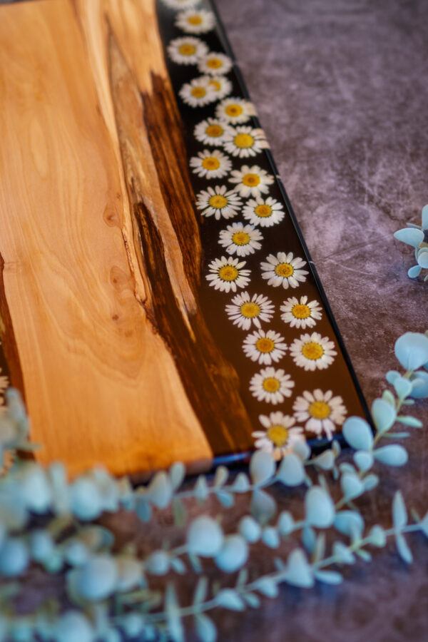 charcuterie board, coffee table tray, dried flowers, floral serving tray, flower cheese board, flower preservation, olive wood, pressed flower art, realtor gift, resin tray, wedding gift, wood serving tray, wooden board