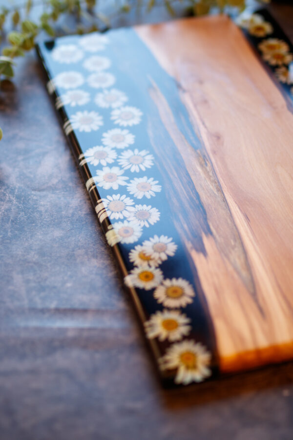 charcuterie board, coffee table tray, dried flowers, floral serving tray, flower cheese board, flower preservation, olive wood, pressed flower art, realtor gift, resin tray, wedding gift, wood serving tray, wooden board