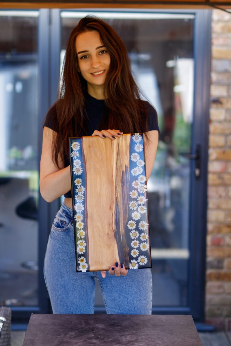 charcuterie board, coffee table tray, dried flowers, floral serving tray, flower cheese board, flower preservation, olive wood, pressed flower art, realtor gift, resin tray, wedding gift, wood serving tray, wooden board