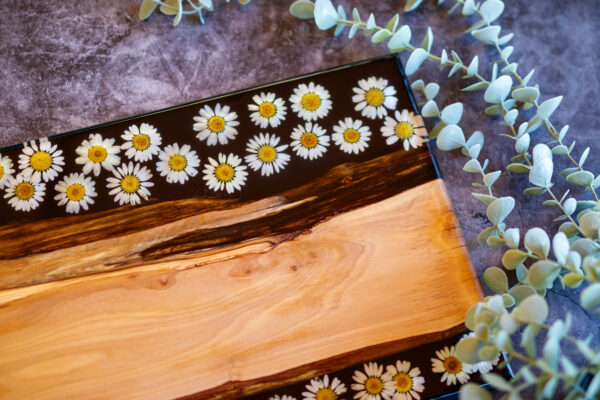 charcuterie board, coffee table tray, dried flowers, floral serving tray, flower cheese board, flower preservation, olive wood, pressed flower art, realtor gift, resin tray, wedding gift, wood serving tray, wooden board