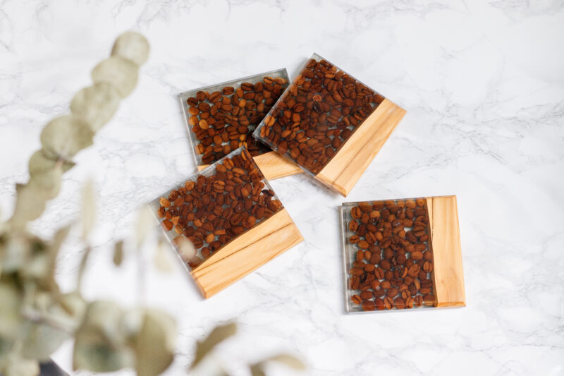 anniversary gifts, coaster set, coffee bean, epoxy coasters, live edge wood, epoxy resin art, olive wood, olive wood coaster, realtor closing gift, resin art, resin coasters, stocking stuffer, wooden coasters